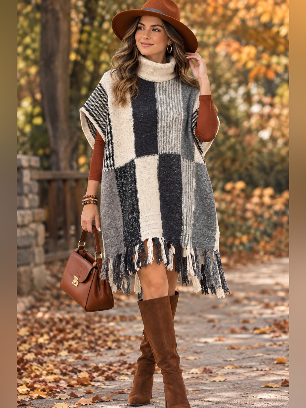 Colorblock Turtleneck poncho with Fringe